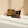 Black background patterned gourd-patterned cushions, brown leather sofa paired with white porcelain coffee cups, plates and booklets Application Scenario